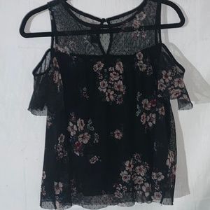 Iz Byer Peep-Shoulder Top Black W/Floral Print Lace Size Large